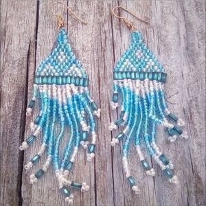 Vintage Boho Beaded Fringe Earrings Teal Turquoise Statement